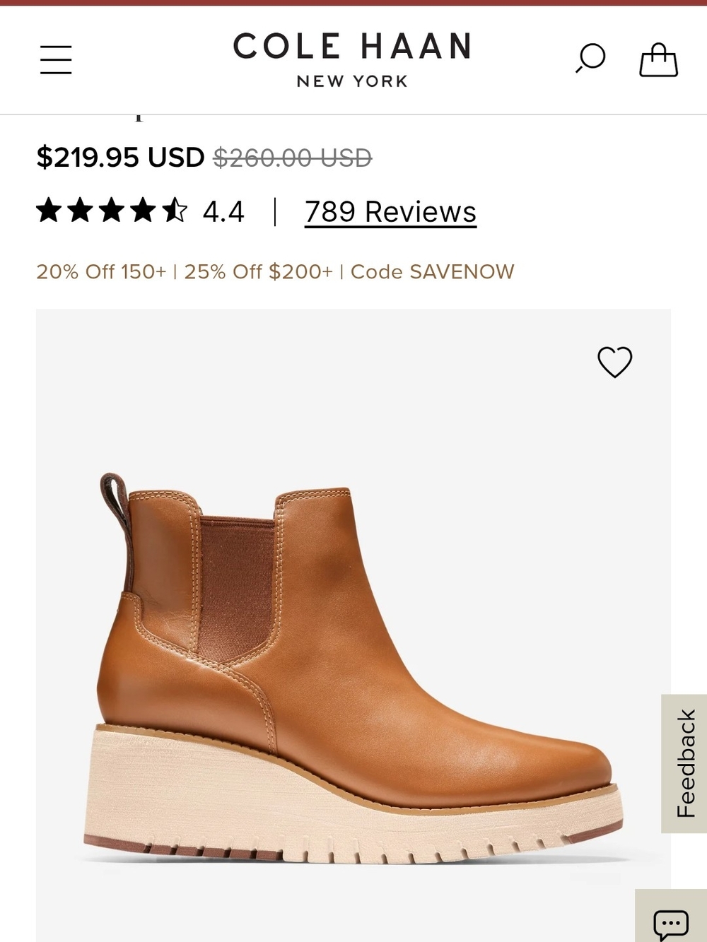 Cole Haan ZeroGrand Tan Leather Wedge Chelsea Bootie